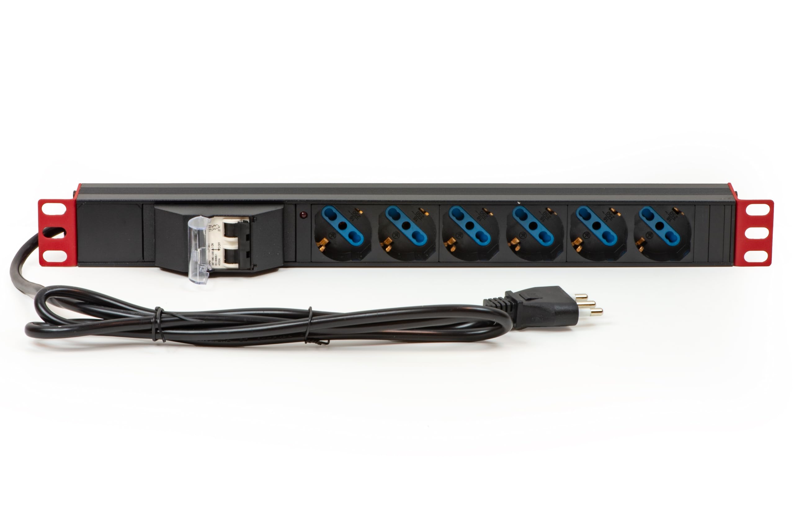 Link multipresa da rack 19" LK10051 con 8 prese universali e interruttore, spina ita. 16A, cavo 1,75m, metallo. Capacità 3,5KW, dimensioni 48,5x4,5x4,5 cm. Alette reversibili.