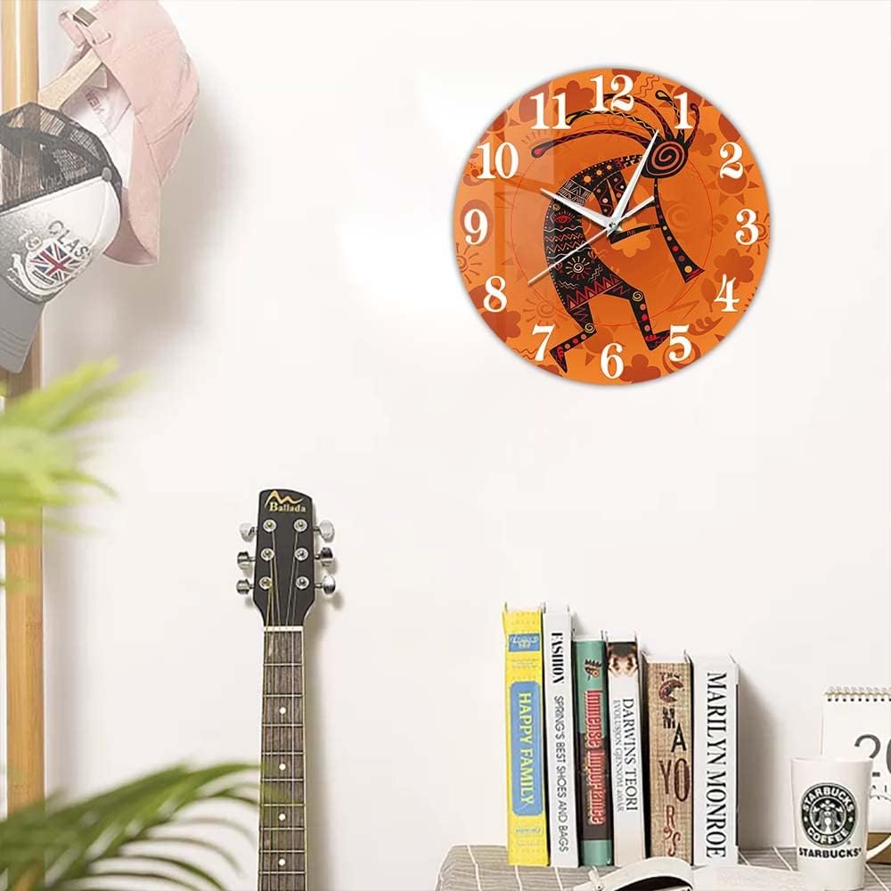 15 Inch Tribal Southwest Desert Wall Clock, Silent Battery Operated Humpbacked Flute Player Ethnic African Deity of Fertility Flutist Decorative Wall Clock for Bedroom Living Room