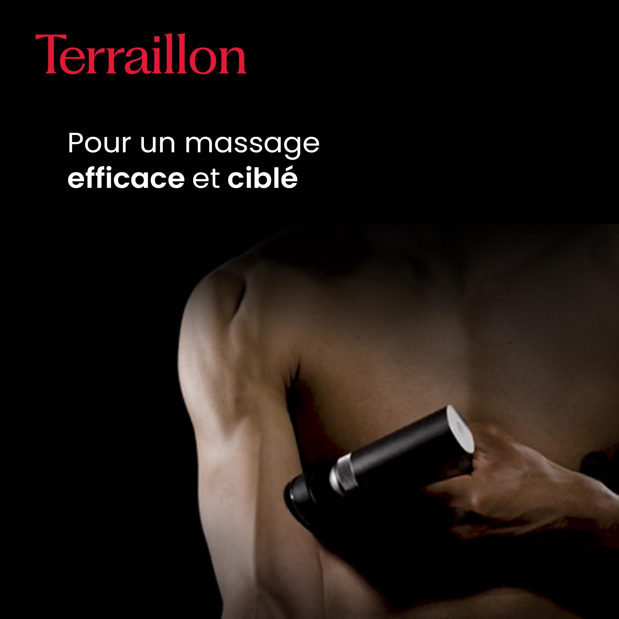 TERRAILLON - MUSCLE MASSAGER Muskelmassagepistole, 3 Geschwindigkeiten 1800-3200 RPM, Entlastet und entspannt die Muskeln, 5 Silikonaufsätze, davon 1 2-stufig beheizbar, USB-C, inkl. Etui