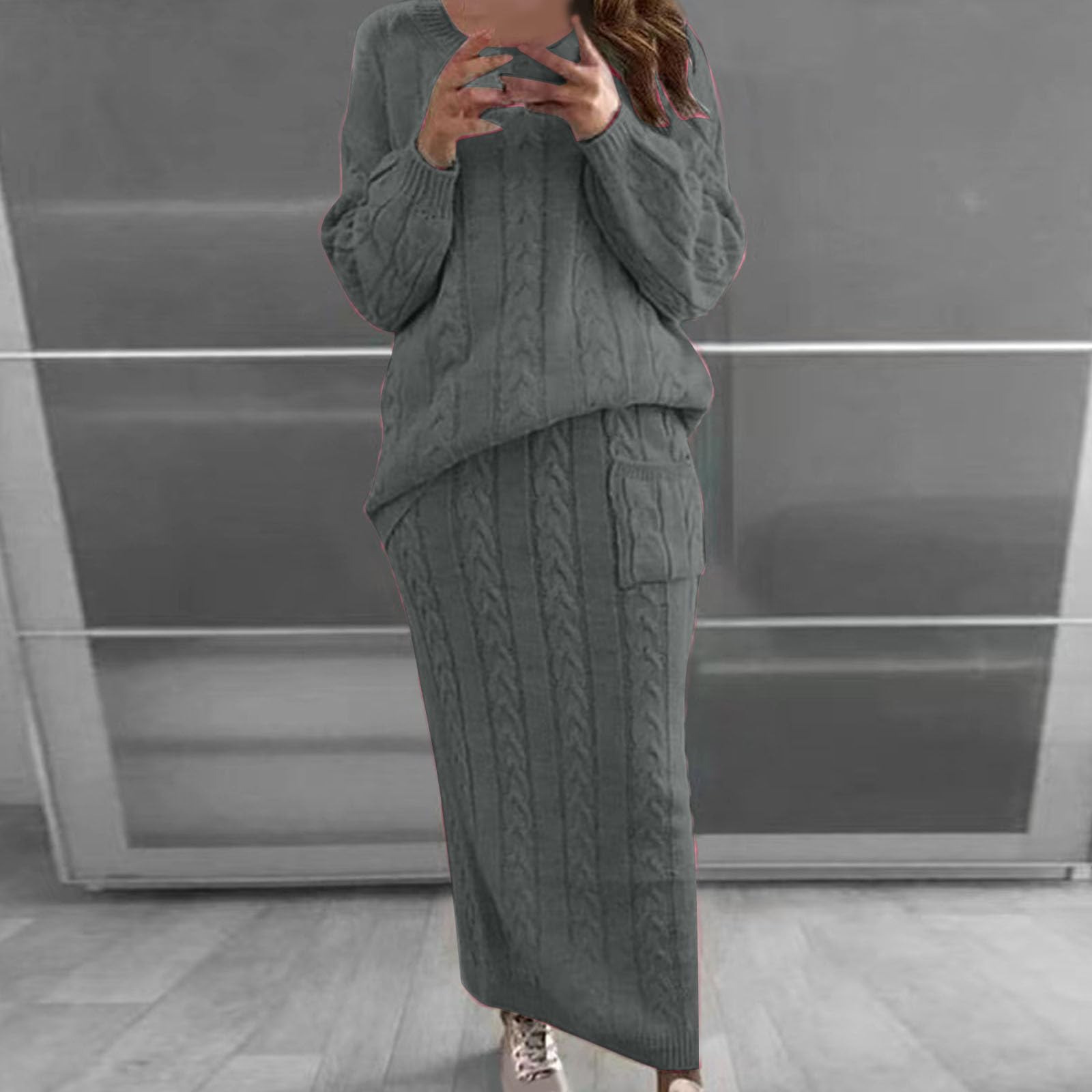 Conjunto de suéter para mujer, ropa de punto, vestido de dos piezas, conjunto de manga larga de gran tamaño, conjunto de falda de punto trenzado, 1, gris oscuro, XX-Large