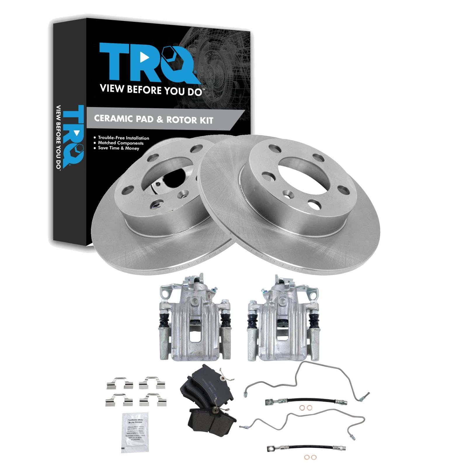 TRQ Rear Brake Pad and Rotor Set Ceramic Rotors Calipers Compatible with 1999 Volkswagen Jetta