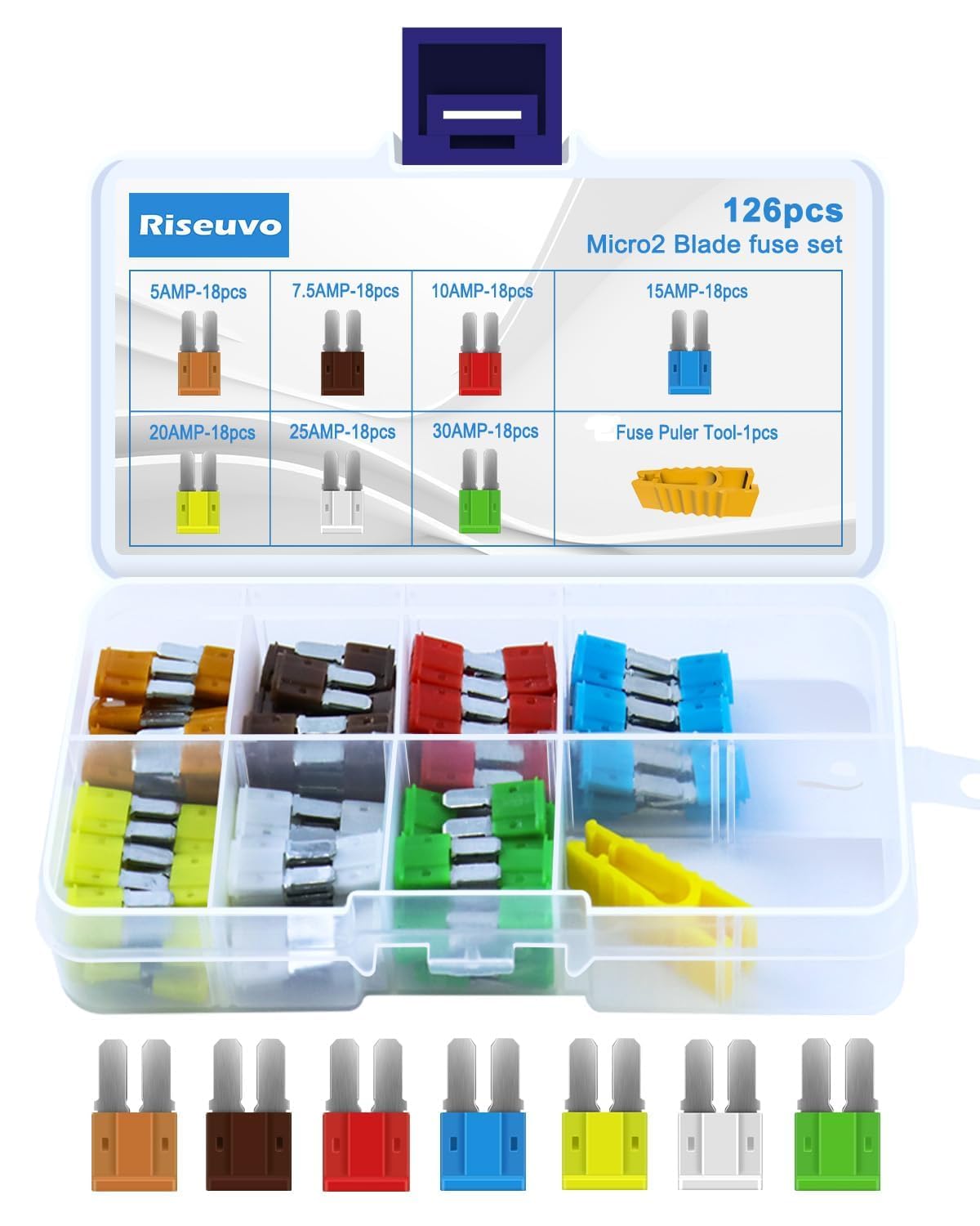 Riseuvo Juego de fusibles micro2 para coche, 126 piezas, micro2 ATR, kit de fusibles de cuchilla para coche, barco, caravana, camión, SUV, repuesto con extractor (5 A, 7,5 A, 10 A, 15 A, 20 A, 25 A