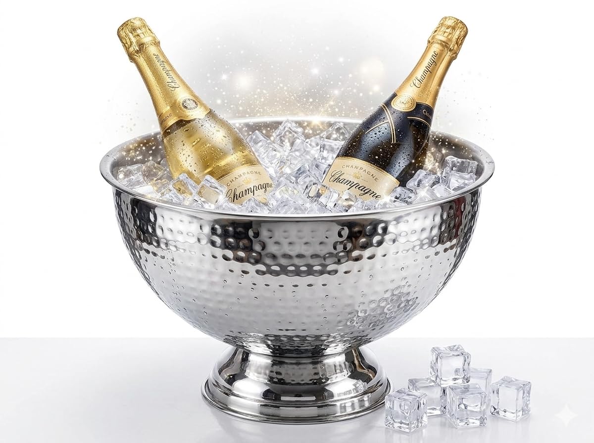 Bourgogne | Champagnerschale aus Edelstahl | Spiegelpoliert & Hammerschlag | Großer Sektkühler Ø 40cm | Weinkühler mit tiefem Standfuß | Elegantes Design für Partys & Events