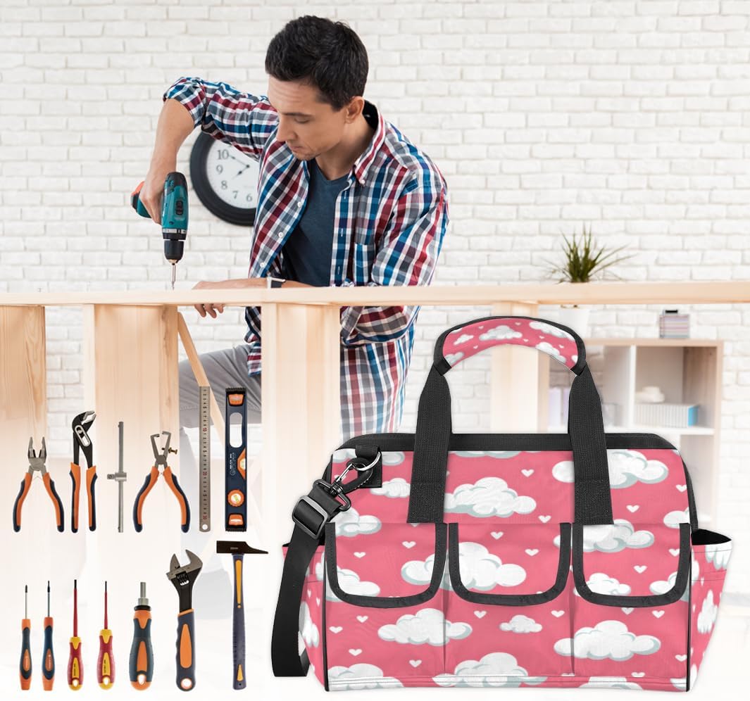 Clouds Print Tool Bags for Men Women Multi-Pockets Wide Mouth Tool Organizer Storage Tote Bag Waterproof Stroage Bags with Adjustabe Shoulder Straper for Car Electrician Garden
