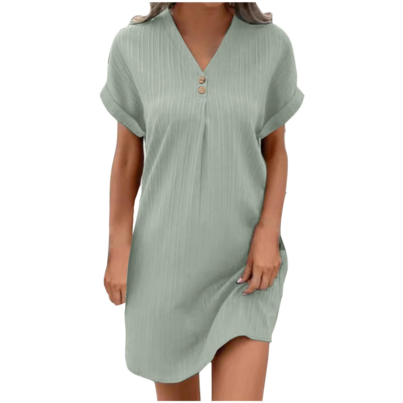 AMhomely Cotton/Linen Summer Midi Dresses for Women UK-Button V Neck Casual Dress,Rolled Short Sleeve,Pleated Front,Stripe,Loose Plain Smocked Dresses,Holiday Sundress Going Out A Grey XXL