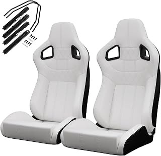 2PC New Universal Bucket Racing Seats White Stitch White PVC Leather Reclinable Carbon Look Leather Back With Adjustor Slider(Not Including Seat Bracket) 1 box of 2 pieces