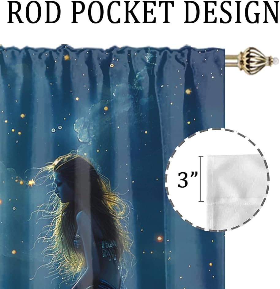 Denruny Modern Aesthetic Full Moon Mermaid Curtains Bedroom Abstract Watercolor Anime Nautical Coastal Mermaid Thermal Insulated Room Darkening Rod Pocket Curtains Living 2 Panels 63" L x 27.5" W