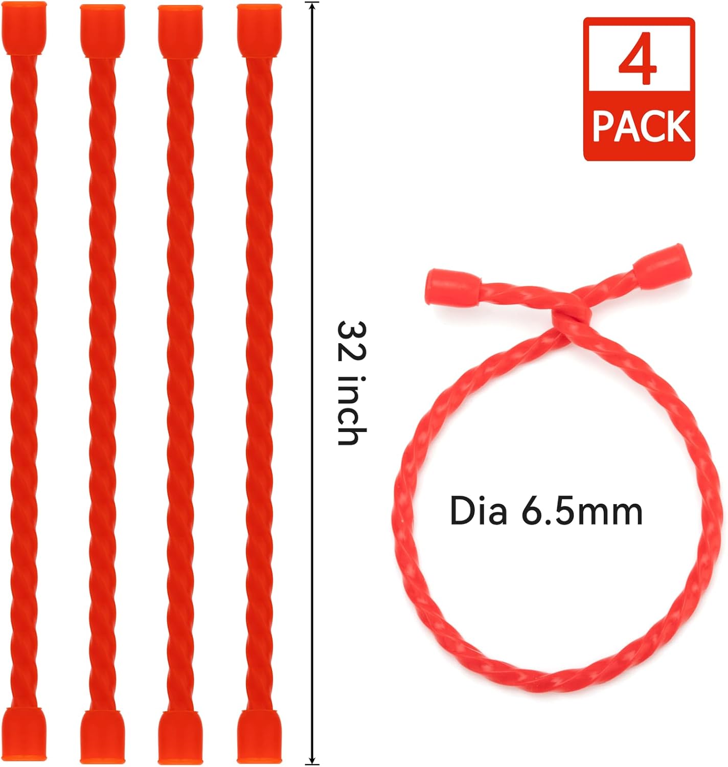 Gesipor 4 PCS 32-Inch Silicone Cable Ties Dia 6.5mm Reusable Steel-Core Rubber Twist Ties Bendable Cable Ties for Bundling and Holding, All Purpose Cord Tie for Indoor and Outdoor (Red)