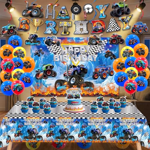 Monster Truck Birthday Decorations Party Decorations Set Include Truck Balloons Tablecloth Backdrop Cake Cupcake Toppers Hanging Swirls Banner Monster Truck Party Supplies for Boys Birthday Decor