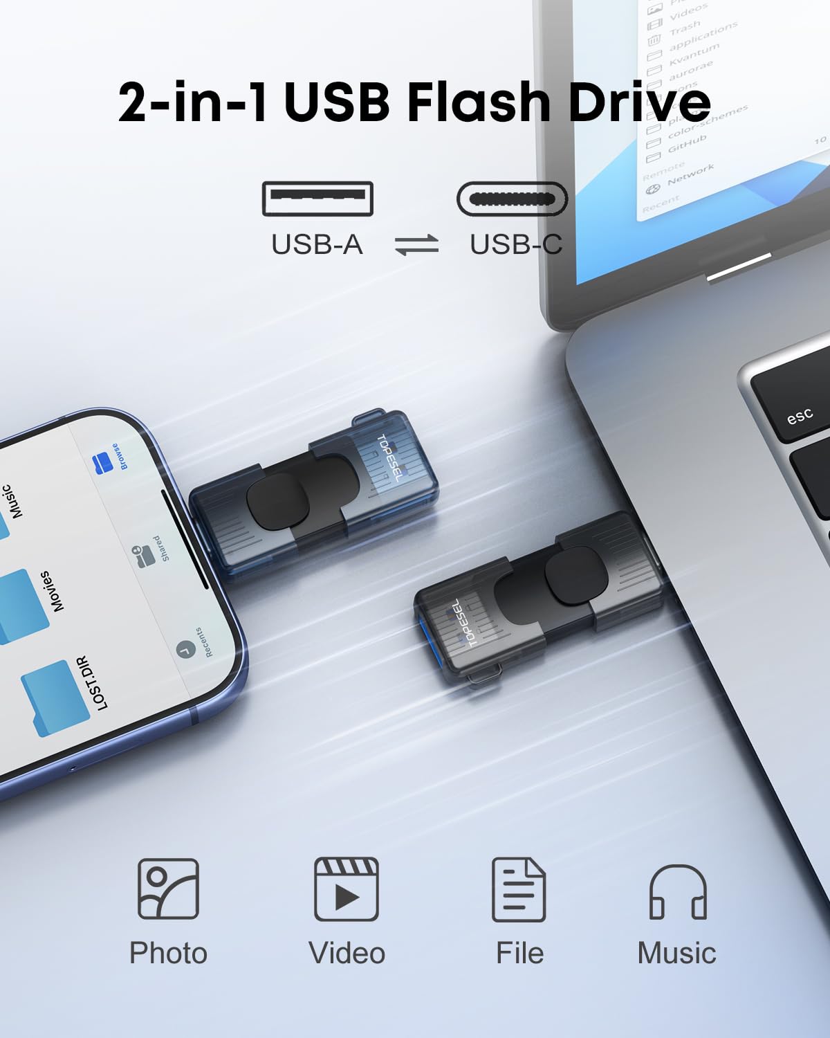 TOPESEL Confezione da 5 chiavette USB C da 32 GB, USB 3.0, 2 in 1, per iPhone 15/16/17, Smart TV, audio, smartphone, tablet