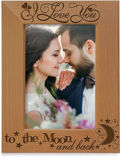 KATE POSH Marco de fotos de madera natural grabado con texto en inglés "I Love You to The Moon and Back", regalos para parejas enamoradas, día de