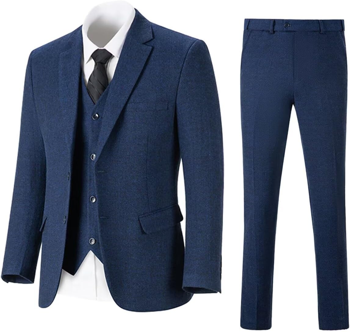 Retro Mens 3 Piece Suit Tweed Herringbone Slim Fit Suits Groomsmen Brown Tuxedos Set Prom Jacket Blazer Vest Pants for Men