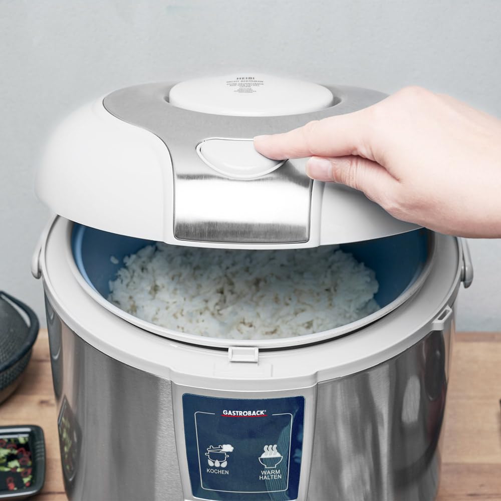 GASTROBACK Design Reiskocher Pro mit Abschalt-und Warmhaltefunktion - 5 Liter - 700 Watt Reis Kocher inklusive Dünsteinsatz, Reislöffel und Messbecher, mit Antihaftbeschichtung, Grau