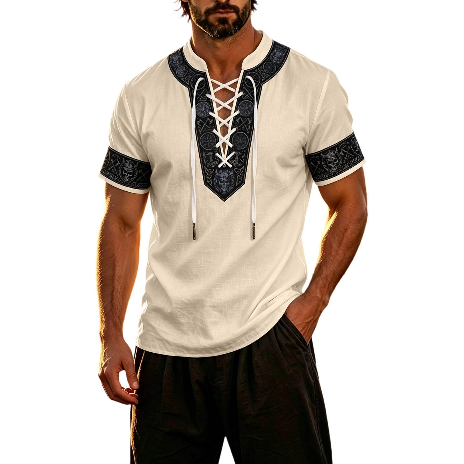 Summer Shirts for Men Short Sleeve Medieval Pirate Scottish Ghillie Shirt — image 1