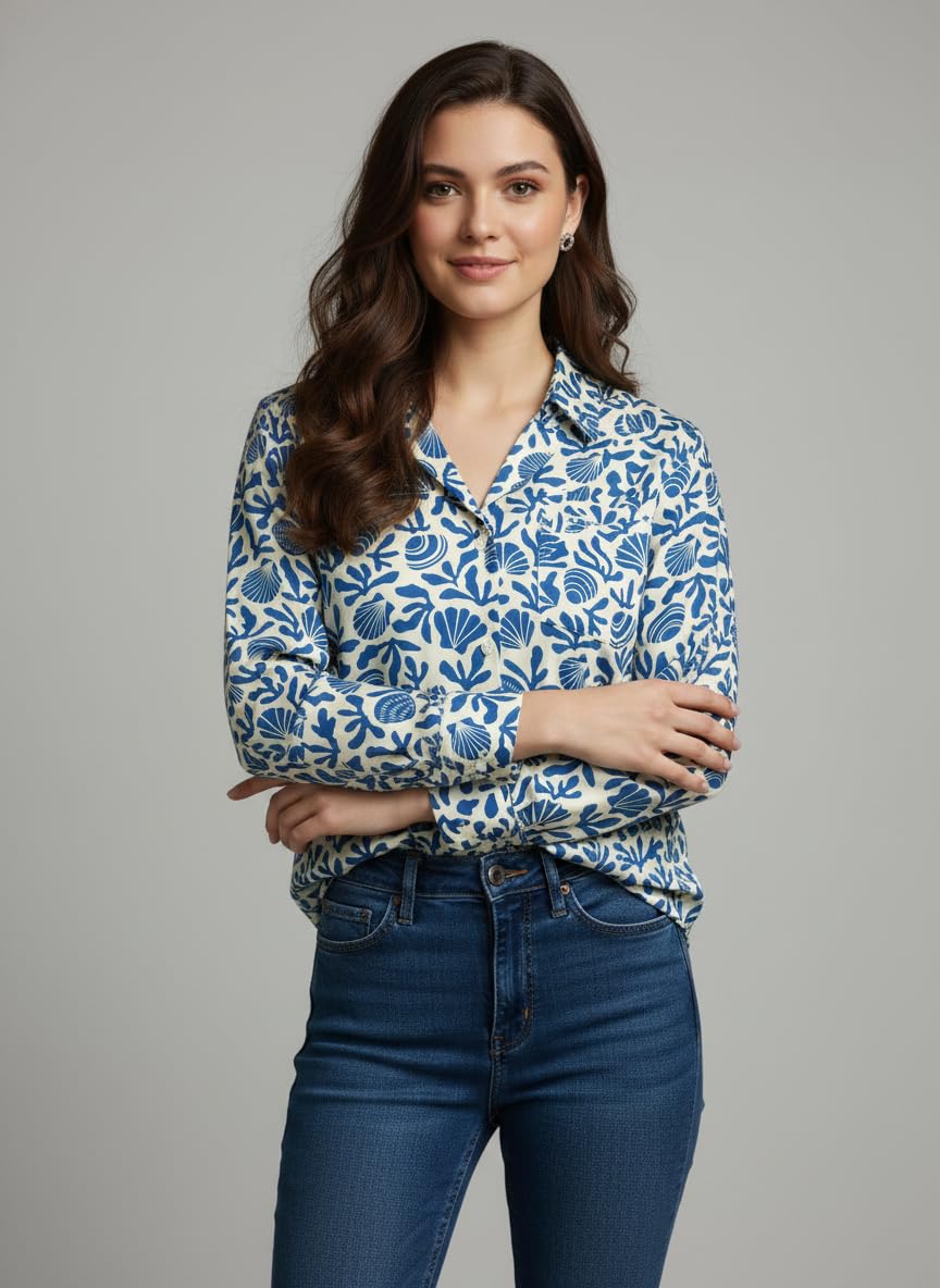 ANNI Designer Bedrucktes Damenhemd aus Baumwollmischgewebe, langärmelig, normale Passform, Hemdkragen, legere Bürokleidung, elegante Western-Kleidung für den Alltag, Hochzeit, Party