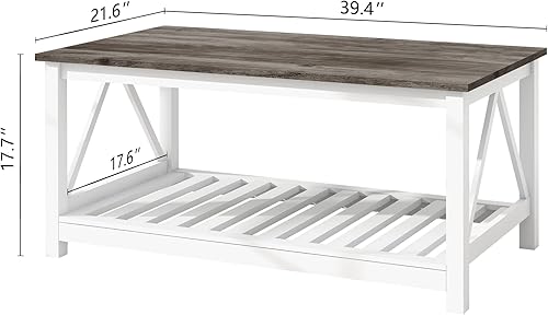 Miniatura 2 de UYIHOME Mesa de centro rústica con almacenamiento mesa de cóctel rectangular de madera de 2 niveles con estante de listones y marco en forma de V