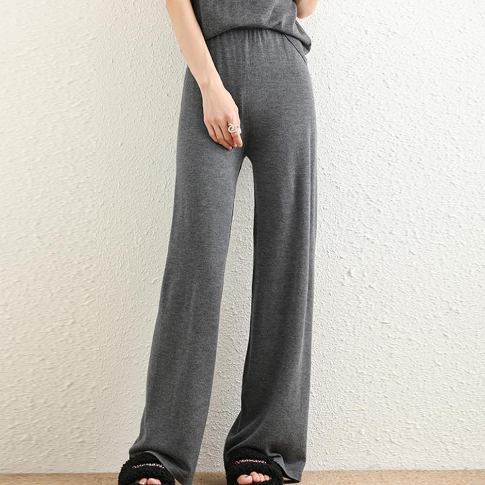 Women's Summer 100% Merino Wool Wide Leg Pants Solid Elastic High Waist Knit Lounge Trousers Casual Lightweight - Image 4