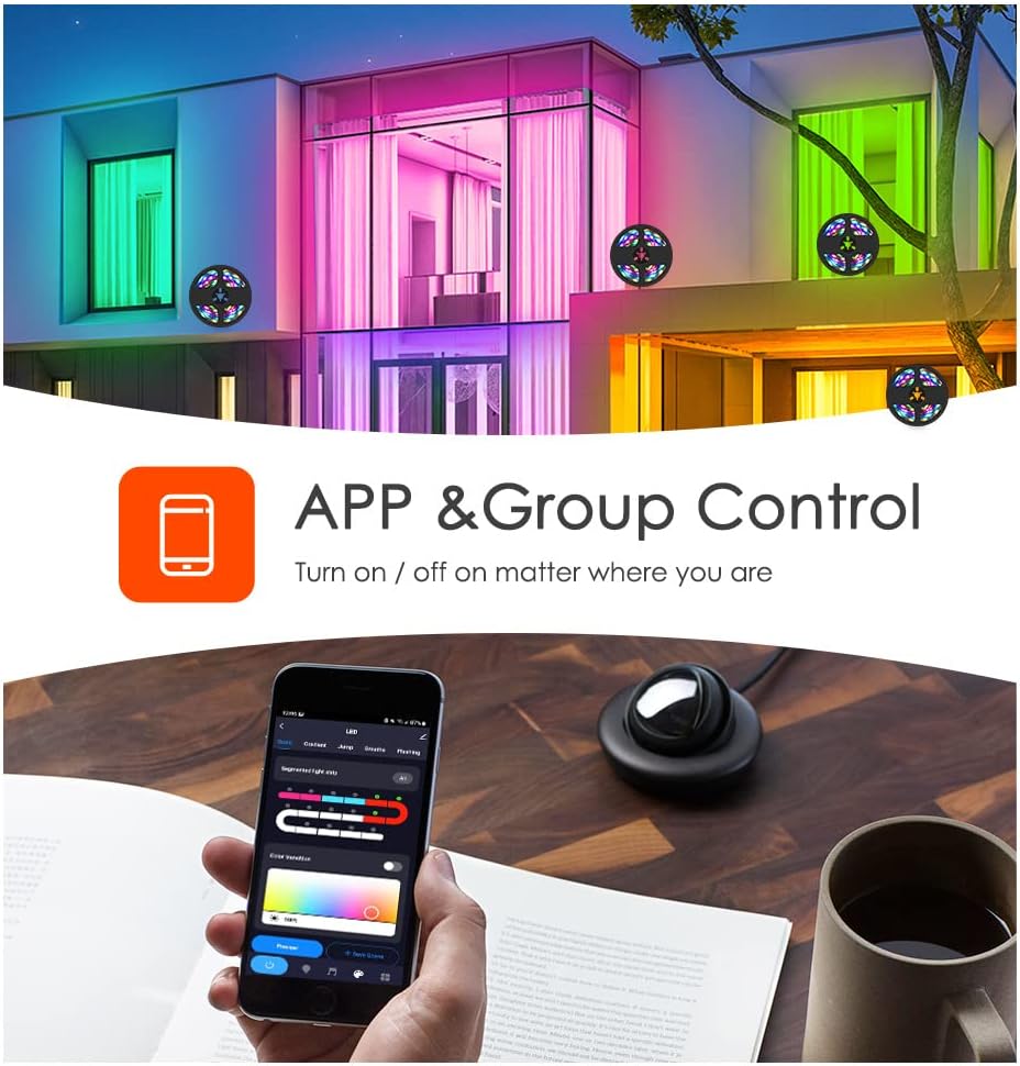 Image showing a smartphone with the Tuya app interface for group control of multiple light strips.