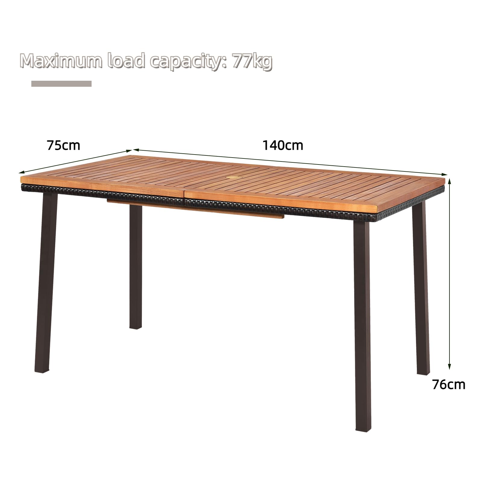 KOMFOTTEU Tavolo da Giardino Rettangolare con Foro per Ombrellone, Tavolo da Esterno in Legno di Acacia, Tavolo da Pranzo con Gambe in Metallo per 6-8 Persone, 140 x 75 x 76 cm
