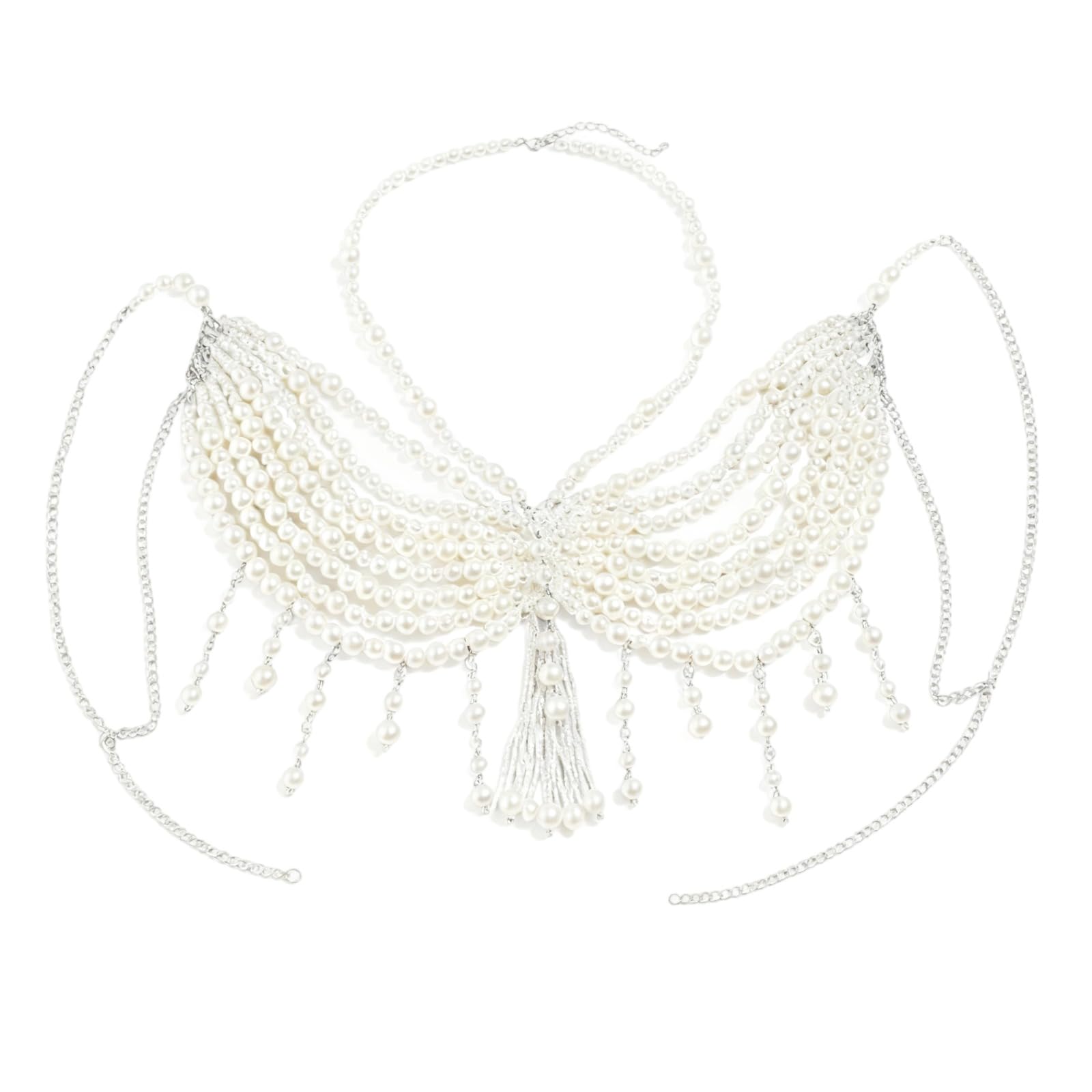 Körperkette aus Kunststoffperlen mit Perlenquaste, mehrlagiger Körperschmuck in Weiß, verstellbar, für weißen Bikini und Strandüberwurf, im Europa- und USA-Stil