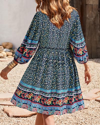 Image of BTFBM Women Casual Spring Summer Dresses V Neck 3 /4 Long Sleeve Ruffle Floral Flowy Boho Babydoll Mini Short Beach Dress