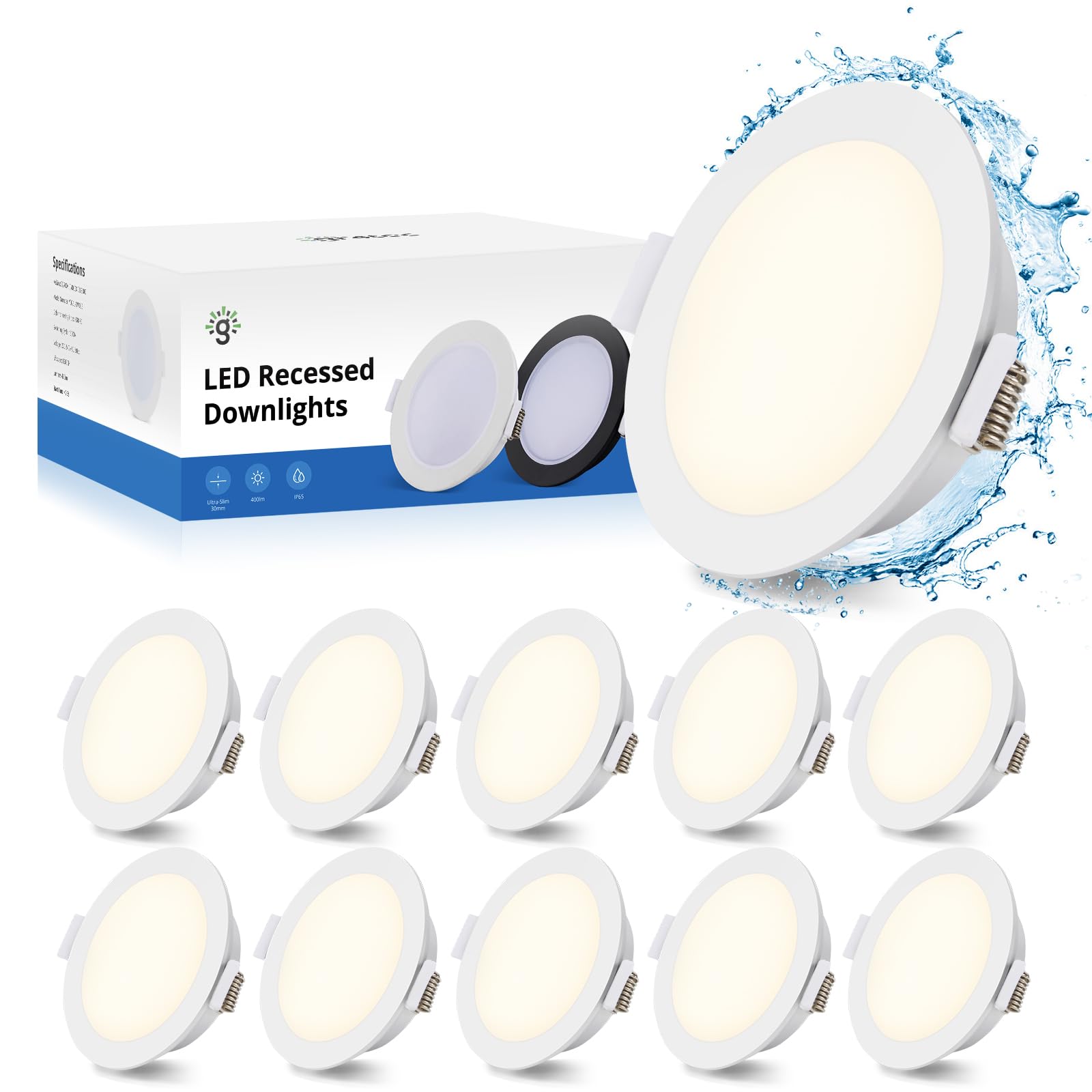Gr4tec Spot LED Encastrable Salle de Bain IP65, Lot de 10 Spot LED Extra Plat 5W 4000K Blanc Neutre 400LM, Spots de Plafond Trou 68-​80mm, 220V Spots Étanche pour Salon Chambre Cuisine