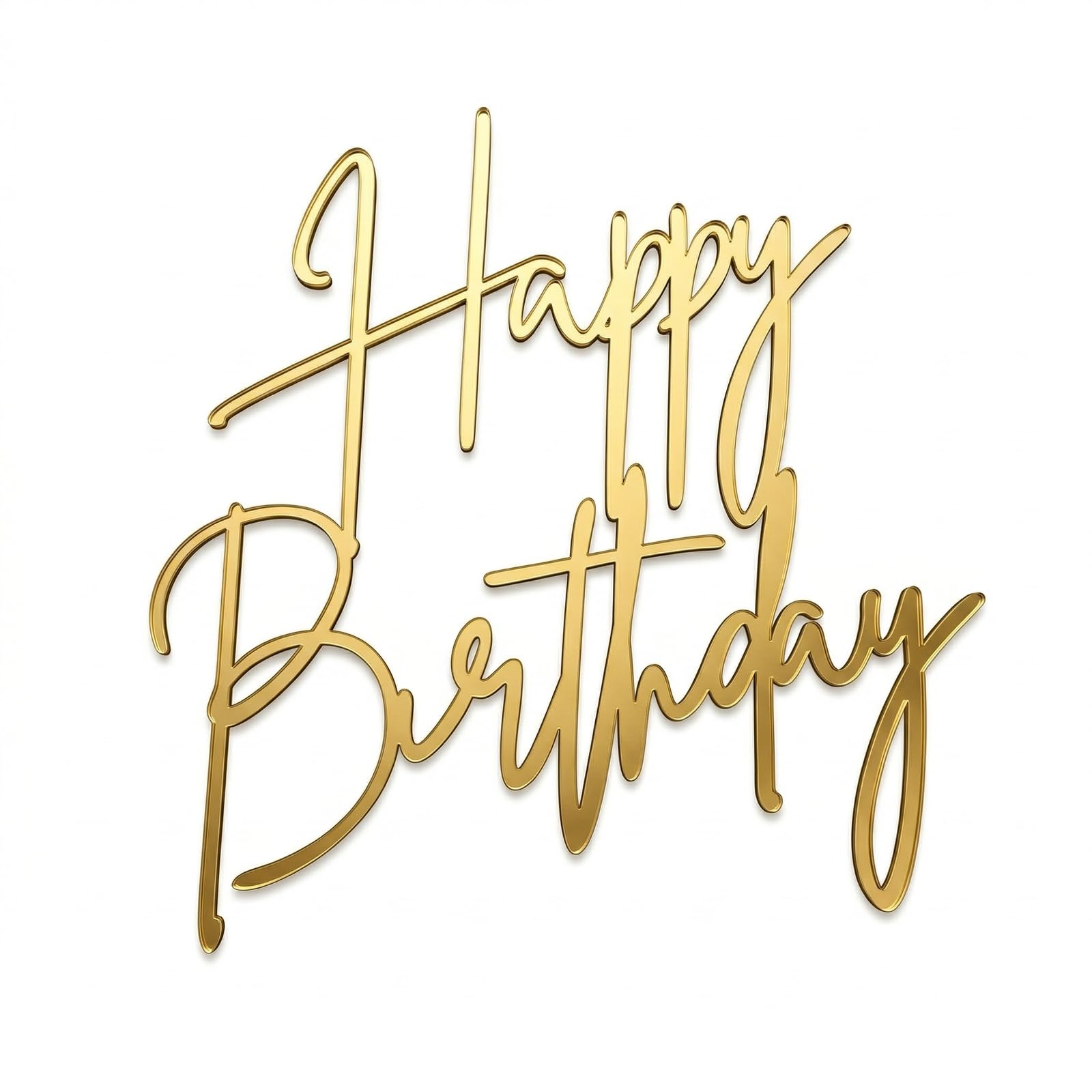 Gold Happy Birthday Cake Topper Acrylic Cake Decorations Mirror Effect Birthday Cake Sign Glitter Party Supplies for Women Men Kids Boys Girls Reusable Cake Accessory No Assembly Required