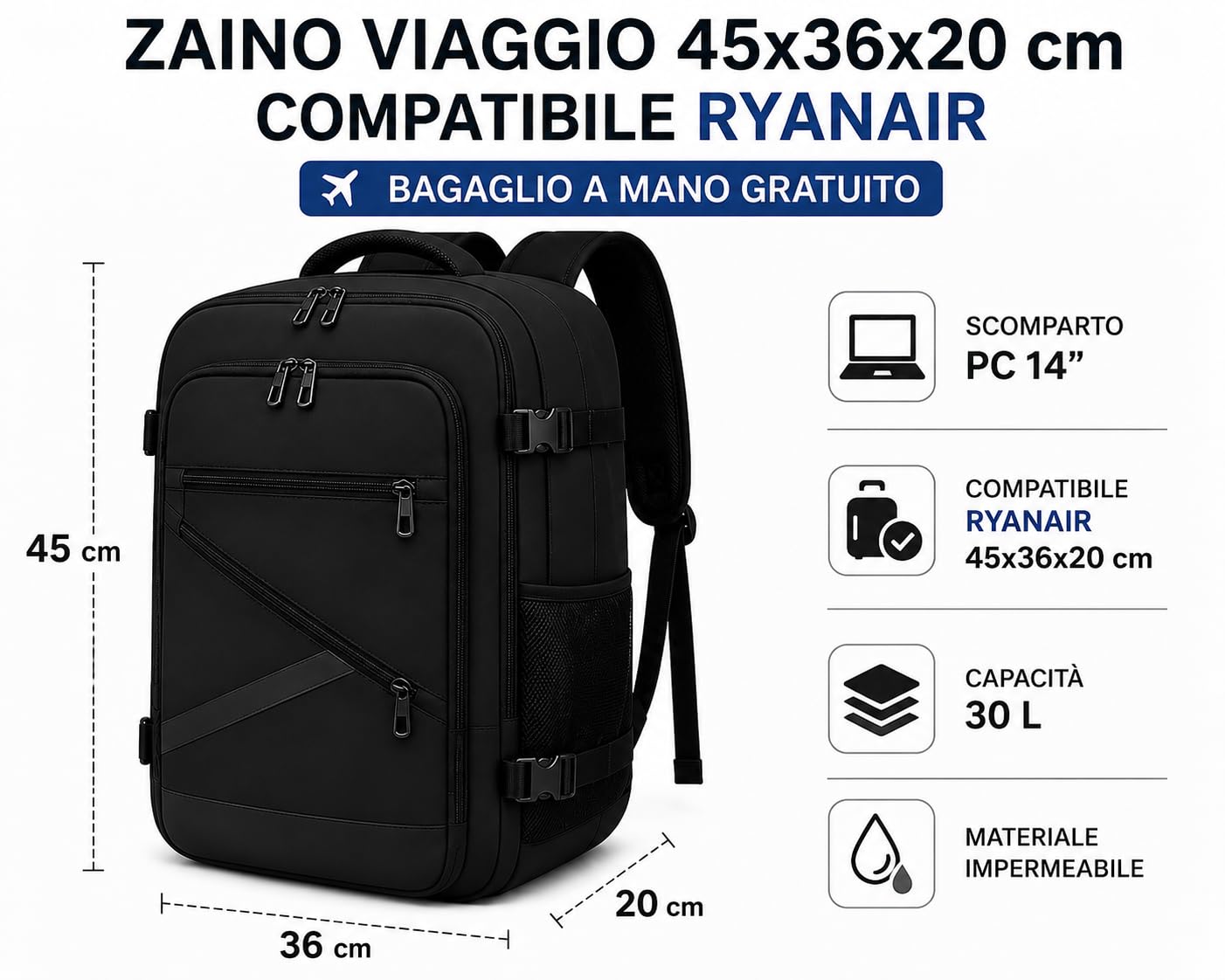 ENERGY GROUP Zaino Viaggio 45x36x20 EasyJet e Ryanair, Bagaglio a Mano 30L, Zaino Cabina Uomo Donna, Apertura 180°, Impermeabile, Porta PC 14”, Casual per Viaggio e Lavoro, Compagnie Low Cost– Nero