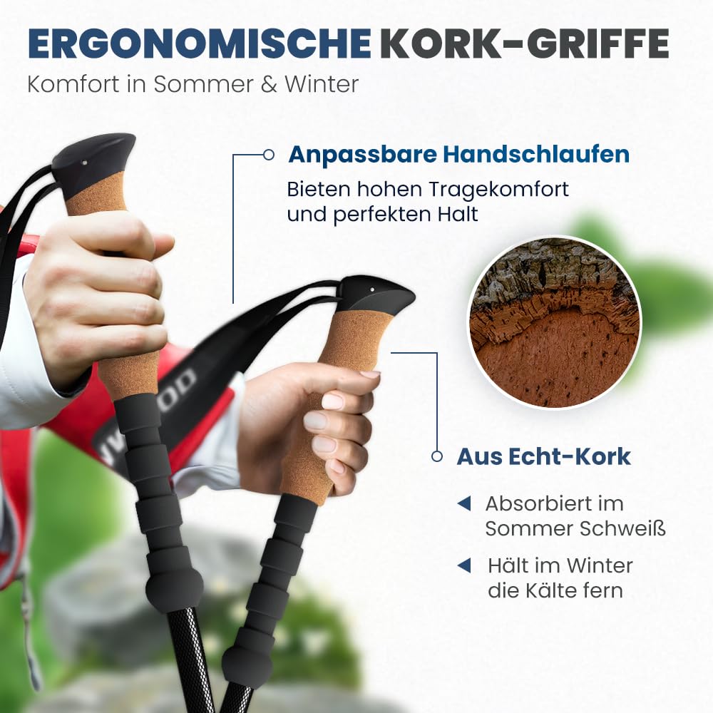 Steinwood Premium Carbon Wanderstöcke - Trekkingstöcke - extra leicht, verstellbar mit Teleskop und Klemmverschluss mit extra Gummipuffer und Tragebeutel