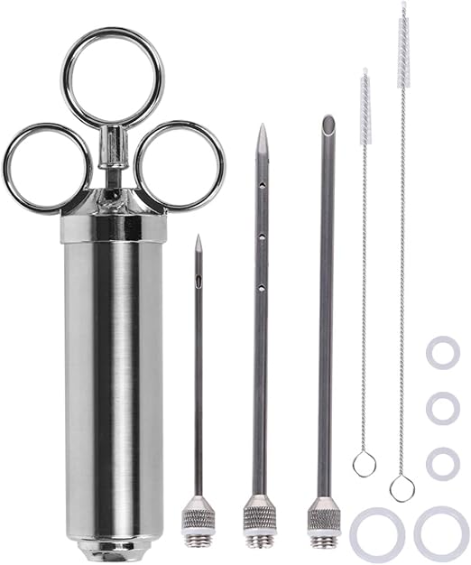 KAONESS Bratenspritze 60ml Edelstahl | Mit 3 Nadeln & Marinadenpinsel | Für BBQ & Grill