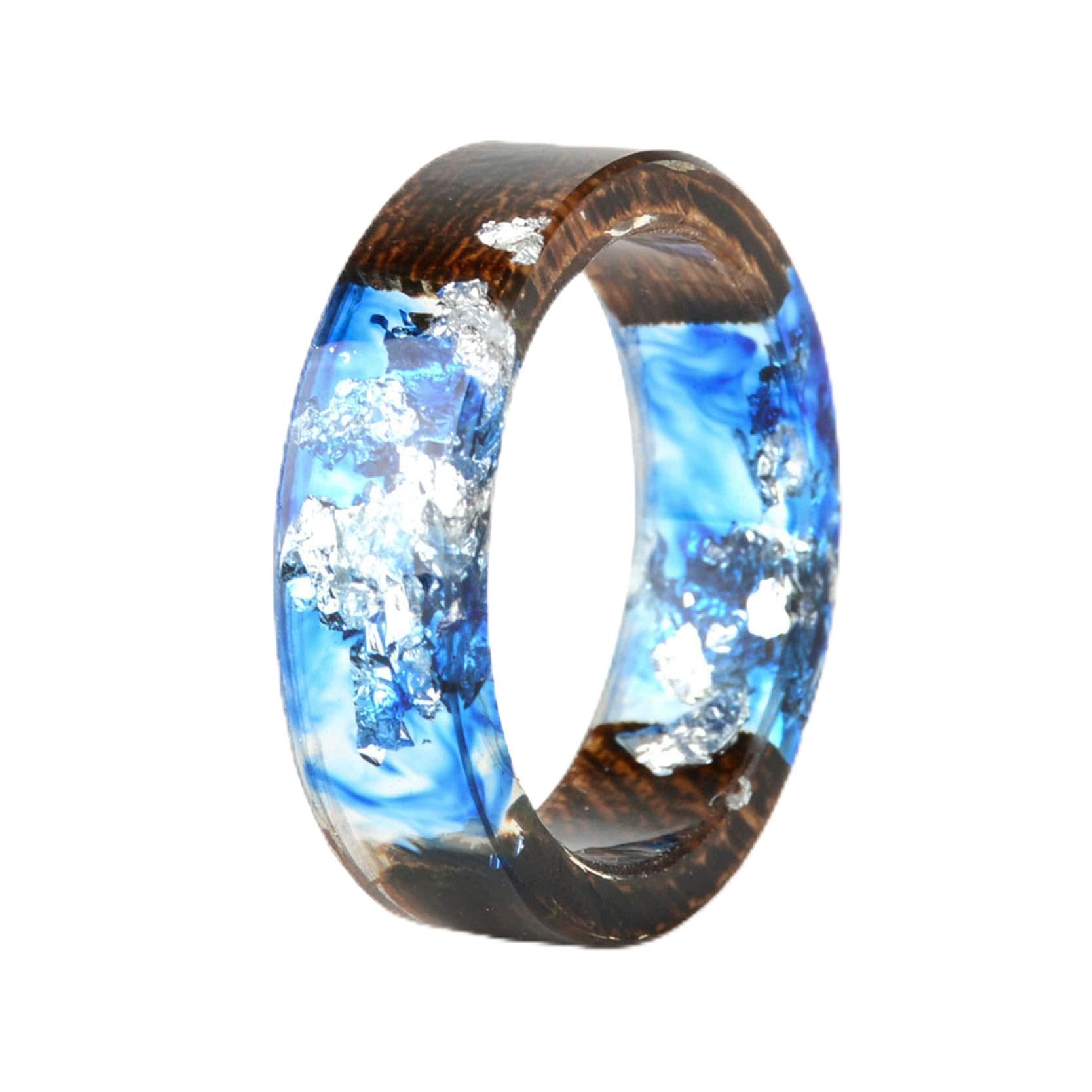 Unique Handmade Wood Plastic Resin Band Ring with Silver Foil Inside Ocean Blue Crystal Ring Best Gift for Her