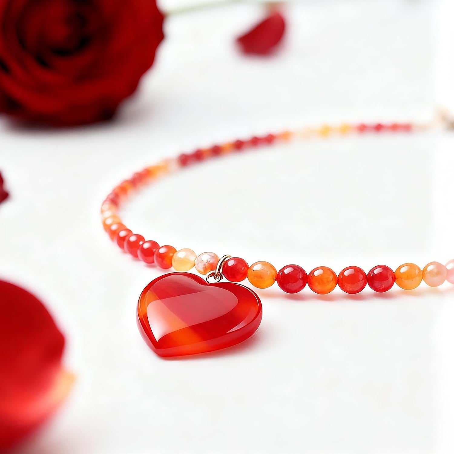 Heart Penadnt Necklace for Women- Exaggerated Statement Puff Heart Necklace with Carnelian Beaded Chain Colorful Beaded Statement Red Agate Chokers Necklace Fashion Jewelry - Image 3