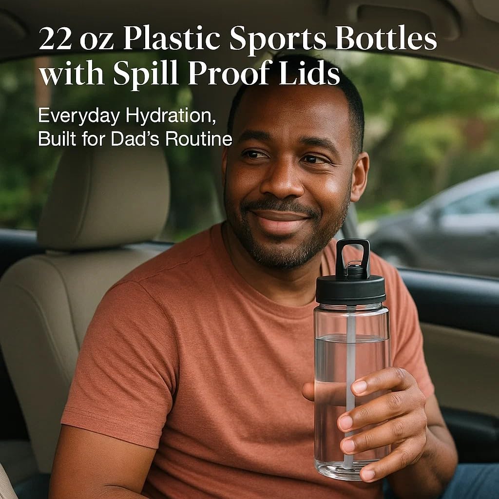 DISCOUNT PROMOS Plastic Sports Bottles with Spill-Proof Lids and Straw – 22 oz. – Set of 10 – Bulk Pack for Father’s Day – Reusable for Gym, Home, Office – Clear