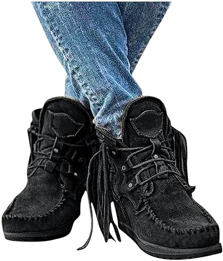 Dasongff Botte Santiag Femme Bottes Country Plates Bottines Santiags Western Bottes Indiennes Beige Frange Ankle Boots Bout Rond Décontractée Bottes D'Hiver Automne Talon Plat Chelsea Boots