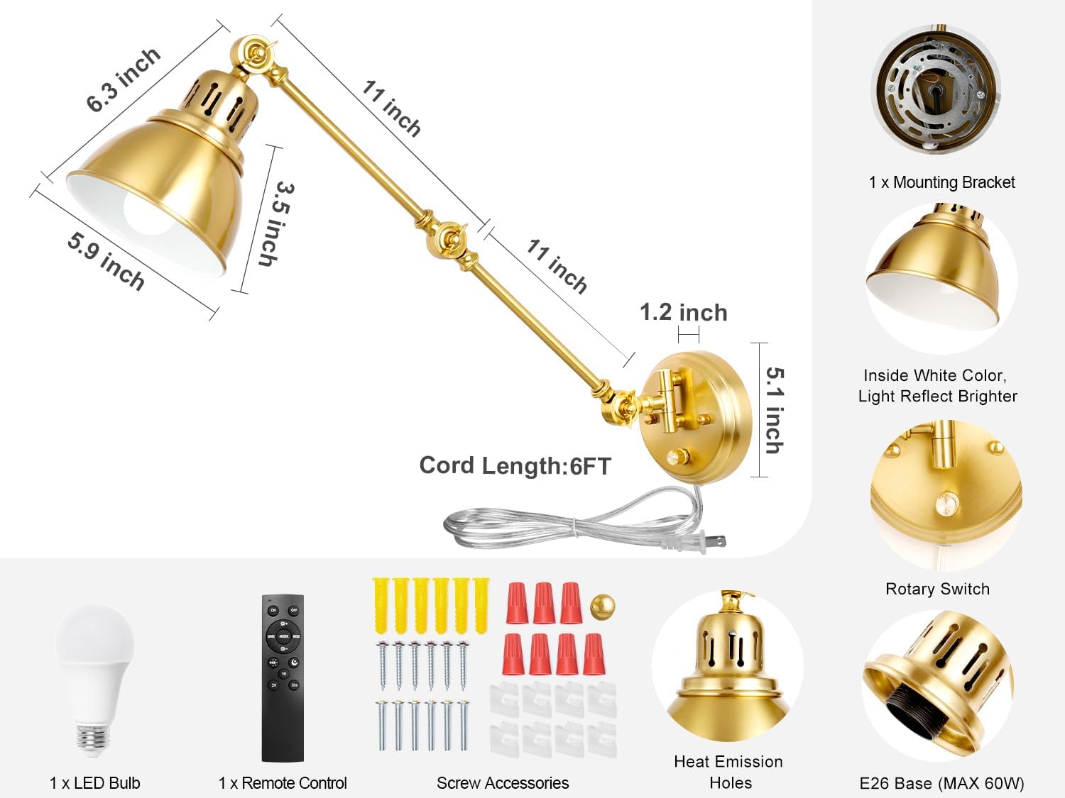 1 Pack Plug in Wall Sconce with Remote, Dimmable, Adjustable Colors, Swing Arm Wall Lamp, Plug in Wall Light with Timer & Night Light (Gold, with Bulb+Remote)