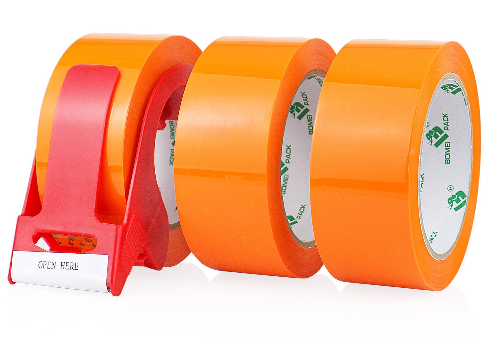 BOMEI PACK 3 rolki pomarańczowej taśmy pakowej, taśma klejąca, taśma kartonowa, 66 m x 48 mm, materiały do pakowania opakowań i kartonu, taśma pakowa z dozownikiem z tworzywa sztucznego
