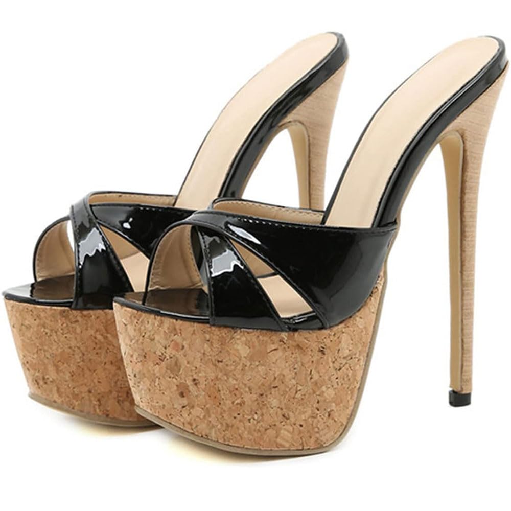 Hyfzxwx Women's Black 6.89 Inches Summer Super High Heels Peep Open Toe Thick Platform Stiletto Pole Sexy Dance Striptease Buckle Gladiator Sandals For Party Prom Club Sexy/Black/39Eu