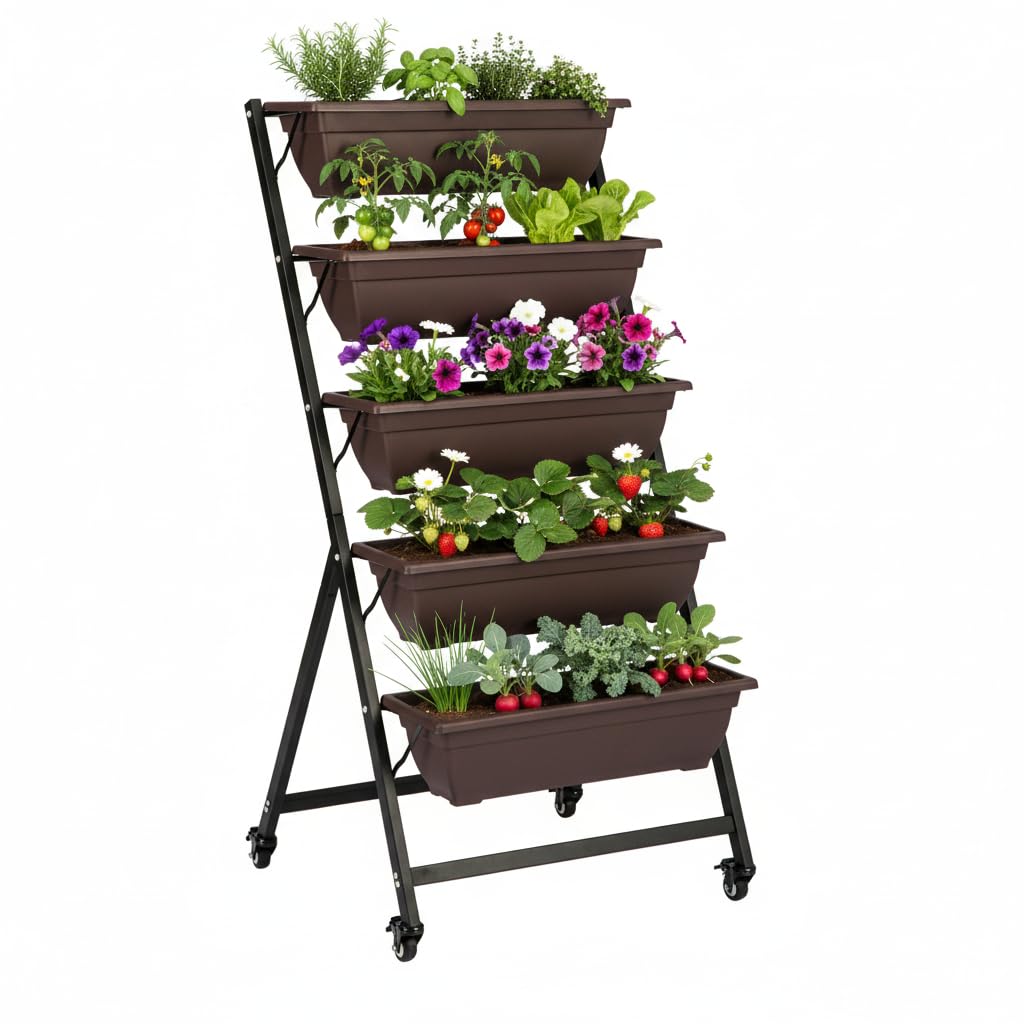 BIGTREE Hochbeet - Pflanzbeet aus Metall mit 5 Etagen - Blumentreppe Pflanztreppe mit Rollen 65x65x135cm - Gemüsebeet & Kräuterhochbeet für Balkon, Terrasse und Garten