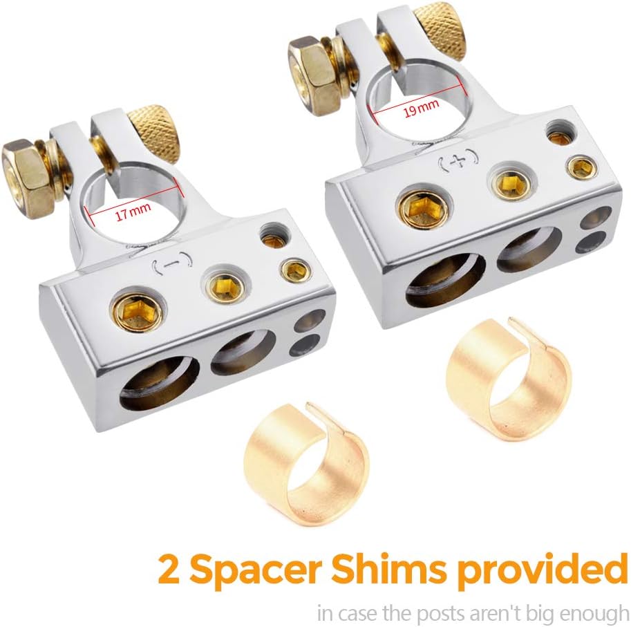 MNJ Motor Car Battery Terminal Connectors Kit - 2/4/8/10 AWG Battery Car Audio Positive Negative Battery Post Clamp w/2 Clear Covers Shims for Car,Auto,Caravan,Marine Boat,Motorhome (Pair) : Automotive