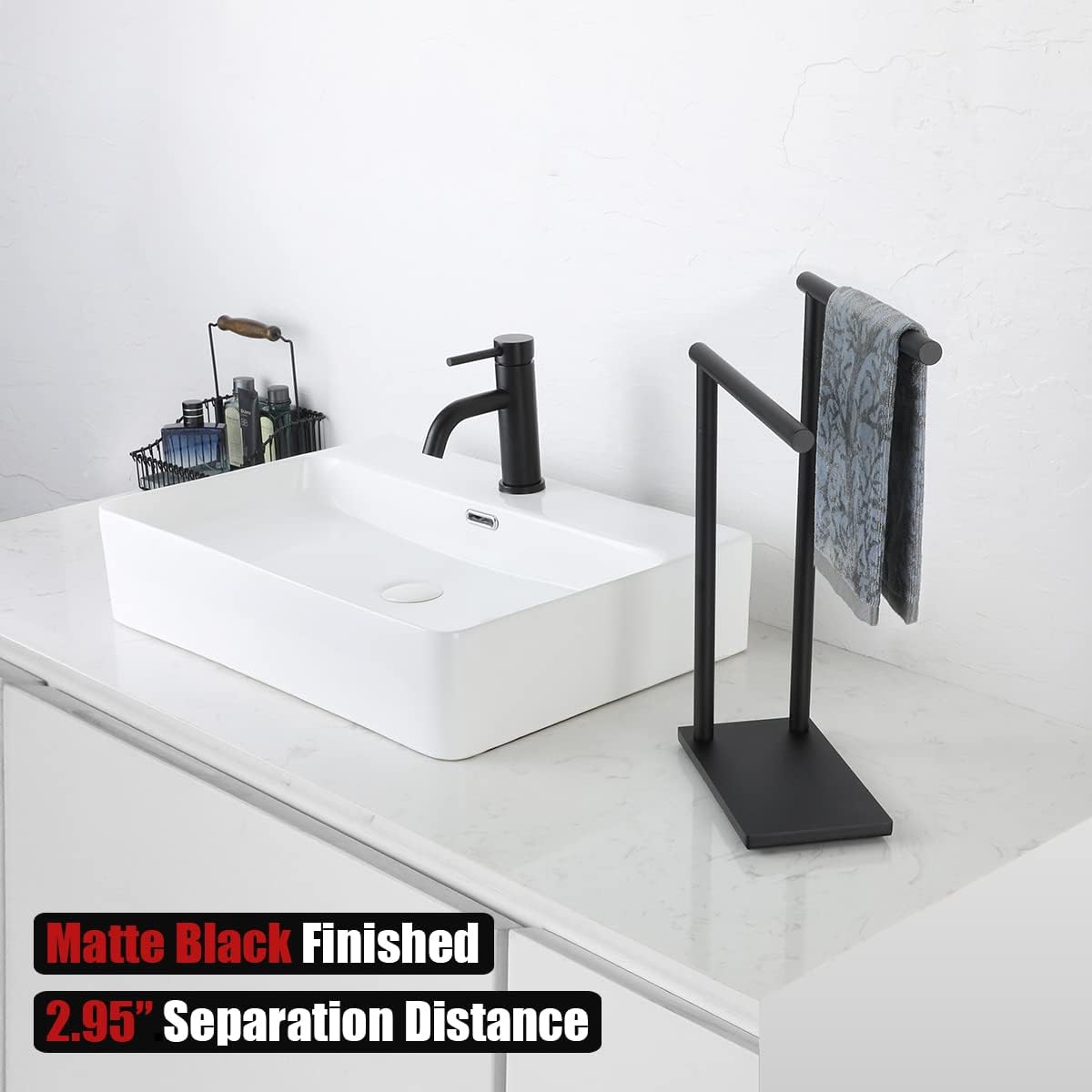 JQK Hand Towel Holder Stand Black, Modern Tree Rack Free Standing for Countertop with 12 Inch 2 Bars, 304 Stainless Steel Matte Black 9.45x5.12 Inch Base, HTT172-PB