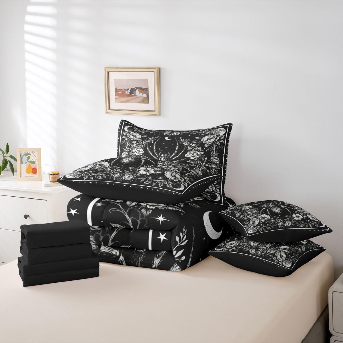 Erosebridal Goth Queen Comforter Set with Sheets | Giant Spider 7 Piece Bedding Set Tarantula Bed in a Bag, Galaxy Moon Vintage Floral Room Decor Black Gothic Decor