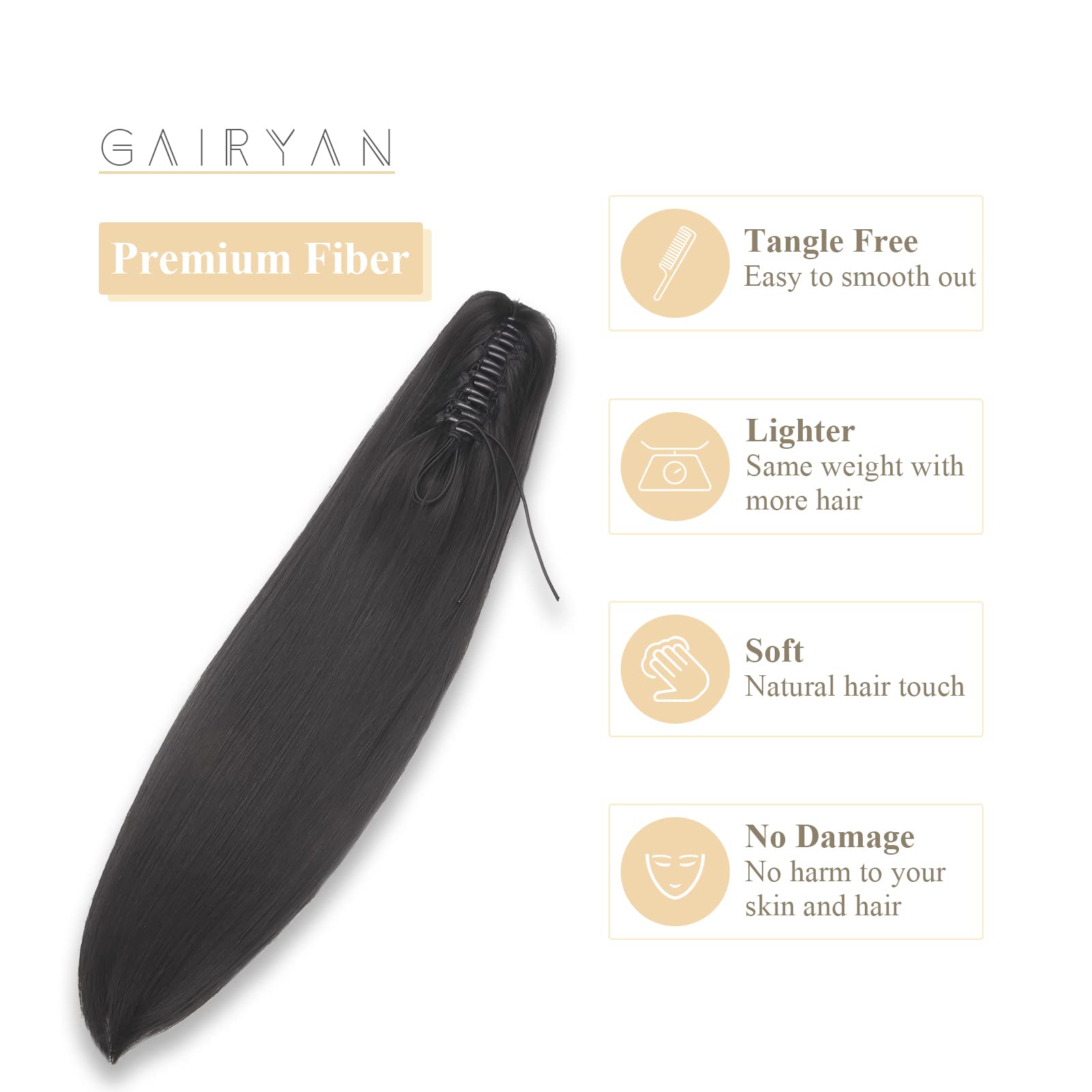 Gairyan 22" Ponytail Extension Clip in Ponytail Hair Extensions Black Straight Pony Tails Claw on Ponytail Long Wave Synthetic Hairpieces for Women Soft - Image 4