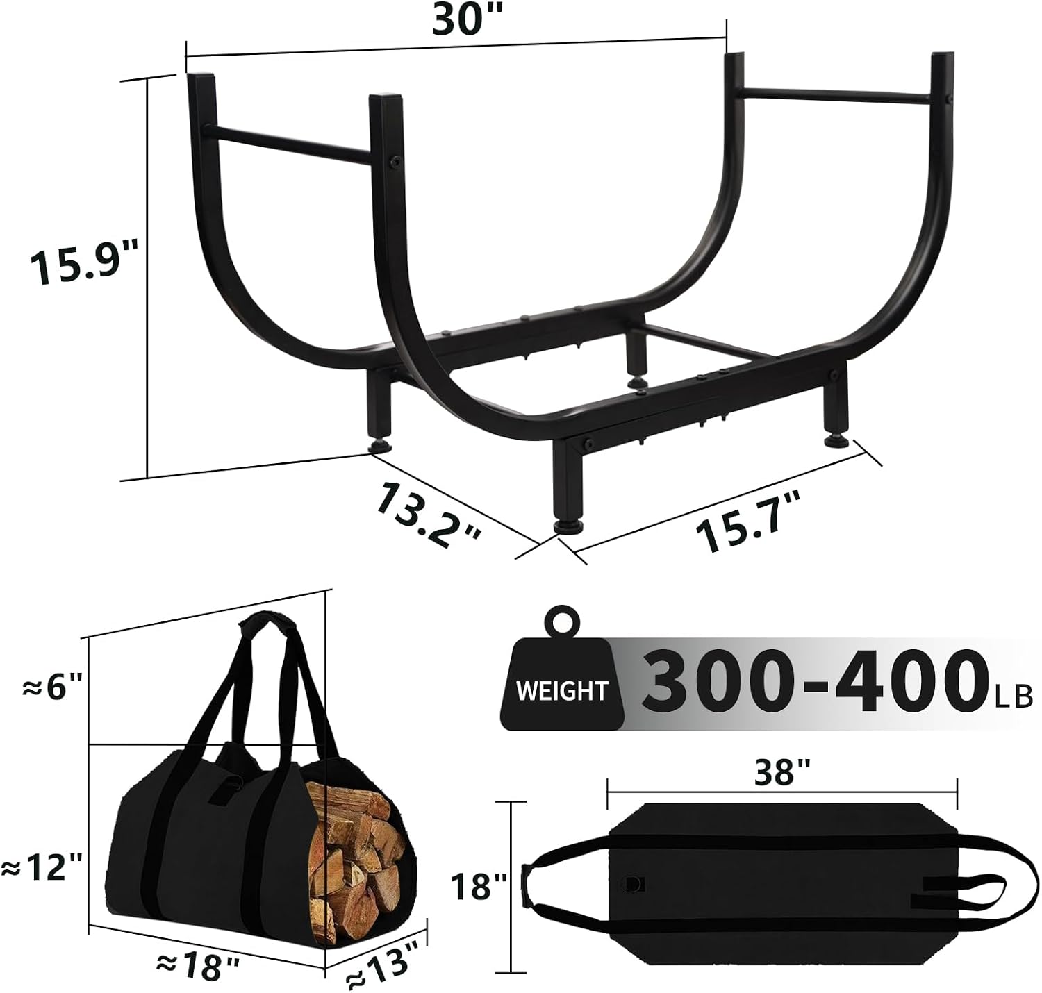 30 Inch Firewood Rack with carrier bag，indoor Fireplace Wood 、outdoor firewood Storage Rack，Easy to assemble and detachable