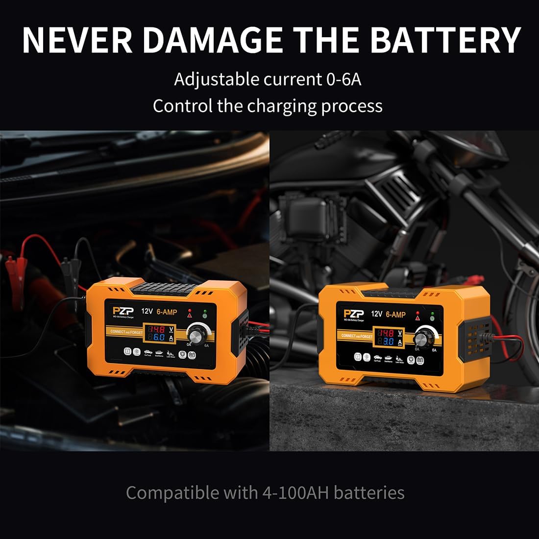 PZ.P 12V Automatic Car Battery Charger Maintainer, 0 to 6A Smart Arbitrarily Adjustable Battery Trickle Charger, Battery Desulfator with Repair, Winter Mode, Suitable for AGM GEL Deep Cycle Lawn Mower