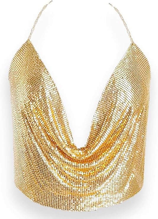 Women's Metallic Sequin Patchwork Crop Top Halloween, Stage Performance, Evening Party Summer (gold)
