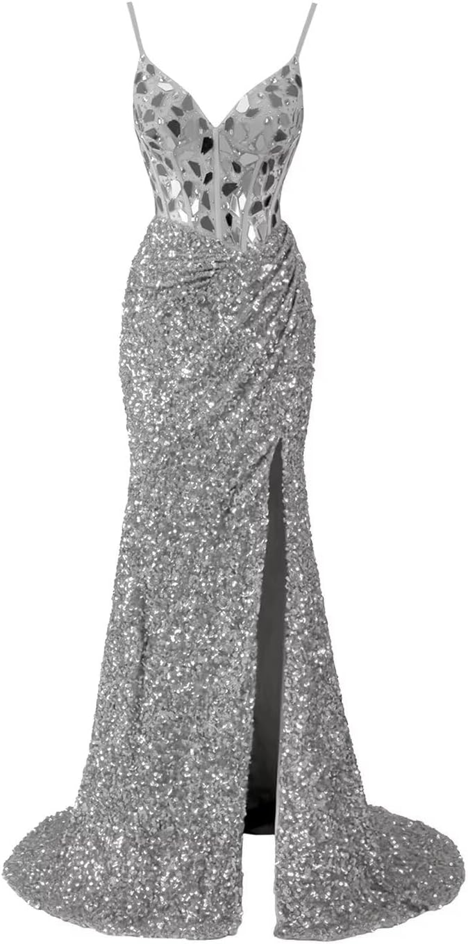 Zeeyecie Spaghetti Straps Sequin Silver Prom Dresses with Slit Sparkly V-Neck Mermaid Floor Length Long Formal Evening Ball Gowns for Women US2