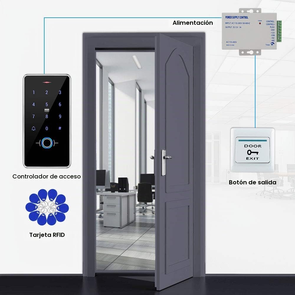 FST Exterior IP68 Sistema de Control de Acceso a Prueba de Agua Biometría Huella Digital Teclado RFID + Fuente de Alimentación K80 3A + 10 llaveros RFID, Sin Cerradura eléctrica