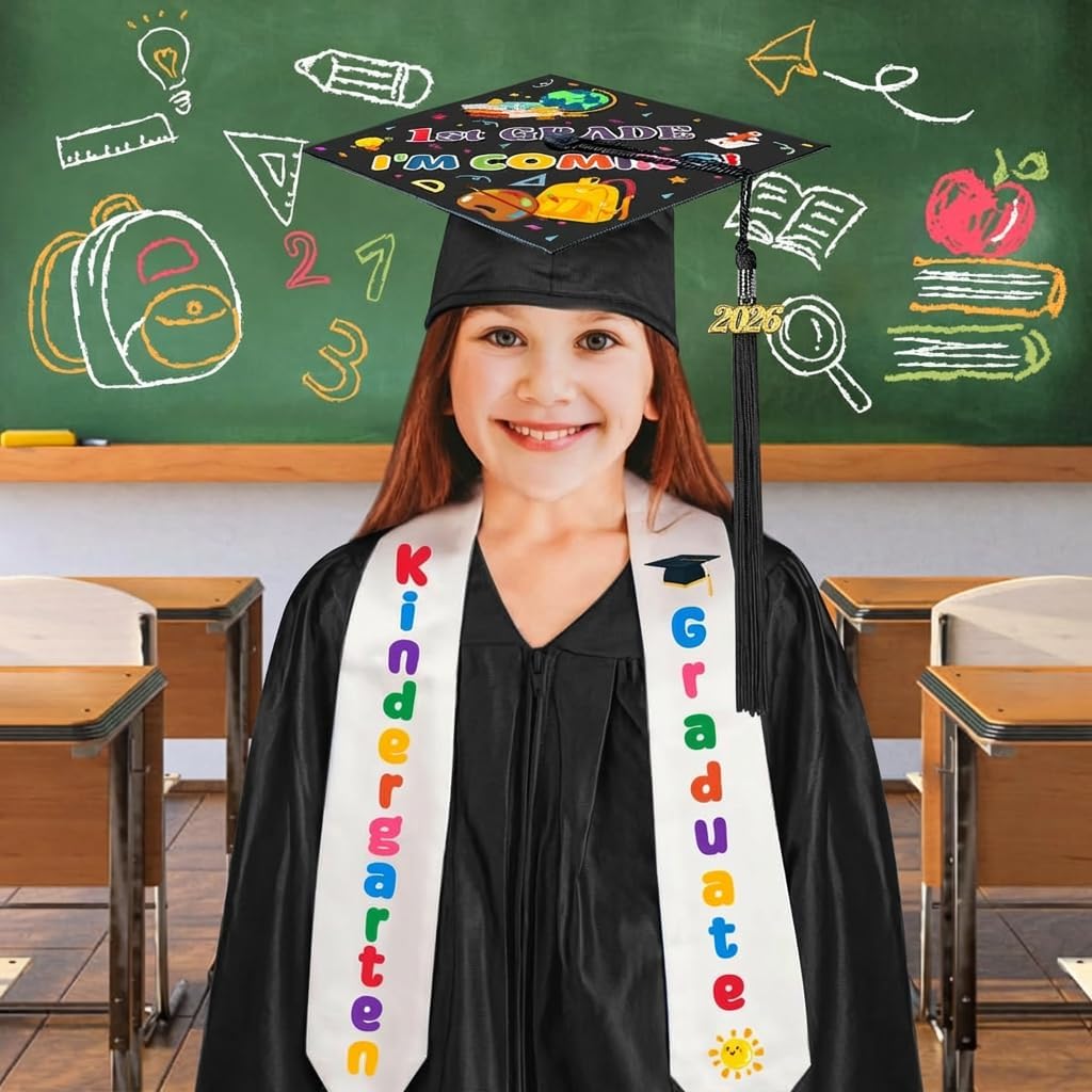 seewavom 2026 Kindergarten Graduation Cap Gown Stole Set With Tassel for Kids Graduation Gifts