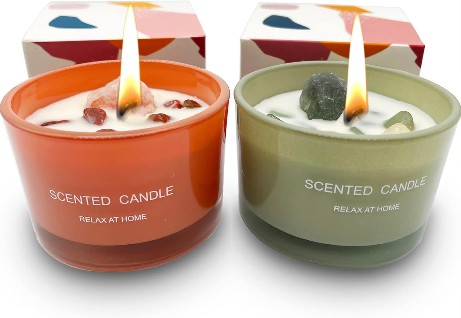 Healing Crystal Candles Chakra Jar Candle Soy Candle Gifts for Women Scented Candle Set 2 Pack Green and Orange