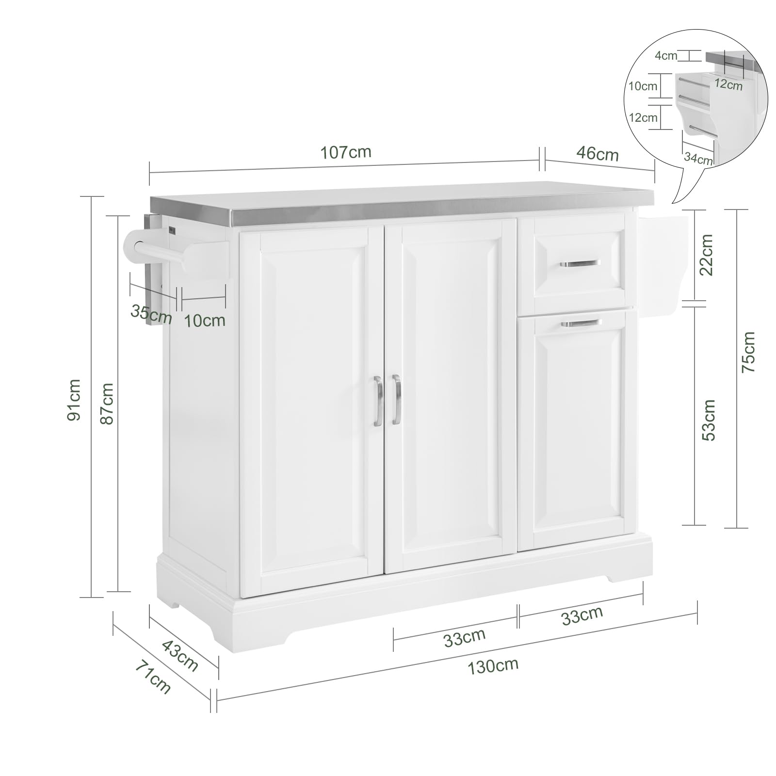 SoBuy Isola Cucina su Ruote con Piano di Lavoro Estendibile, Mobiletto Salvaspazio, Carrello da Cucina con Ruote, con Due Cassetti e Ripiano Regolabile 130 x 46/71 x 91cm Bianco FKW128-ST